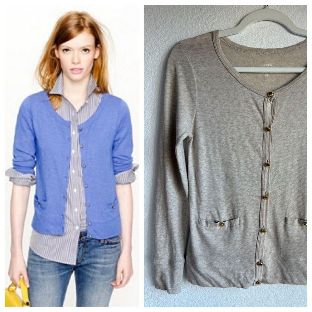 J.Crew Painter Cardigan Tee XS Heather Beige Gold Button Slub Cotton Pocket Top